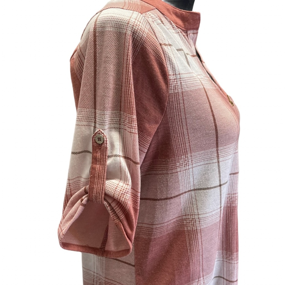 Blue Mood Plaid Quarter Zip Tunic Blouse Mauve Brown Beige M Roll Tab Sleeve Top - Picture 3 of 6